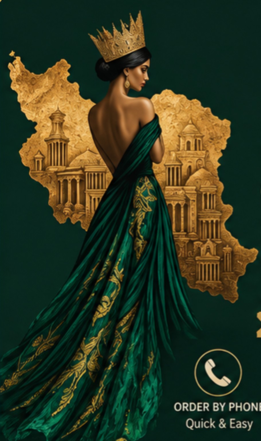 Woman in an emerald dress with a golden map of Iran